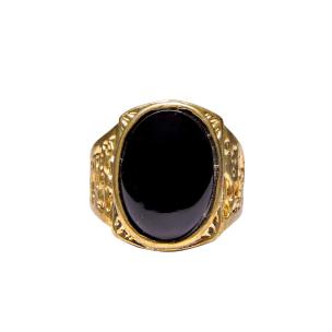 Avika Black Agate Super Ring For Men Gold Plated Oval Shape