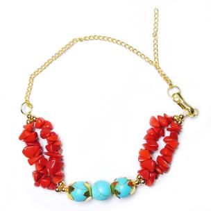 Avika Energized Heat Processed Red Coral Monga & Firoza  Beads Designer Rakhi(Pack of 1 pc)