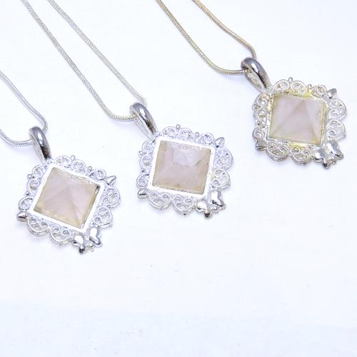 Avika Natural Rose Pyramid Point Quartz Crystal, Metal Pendant