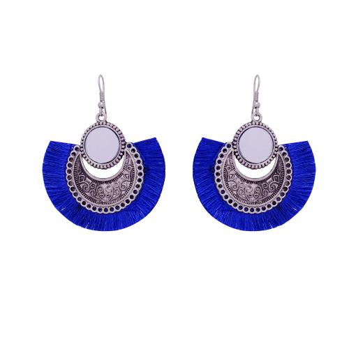 Avika Women's Oxidized Earring with Mirror & Blue Thread Party Wear